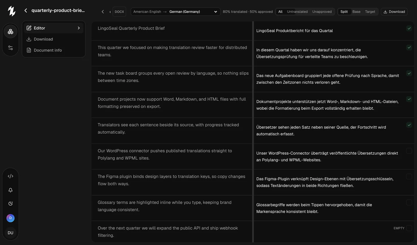 The document editor with a language switcher.